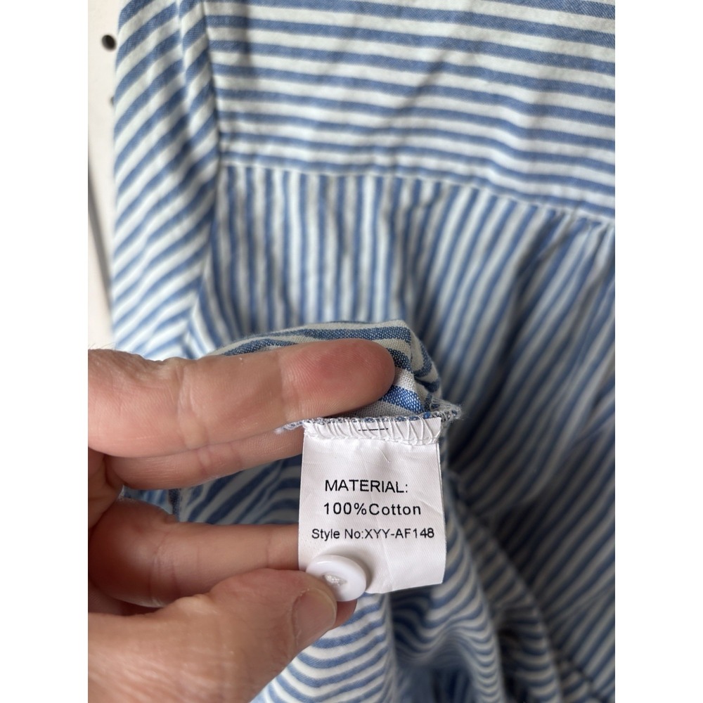 Unbranded Women's Lg Striped Blue White Button Down Chambray Shirt Ruffle Cotton - Picture 6 of 6